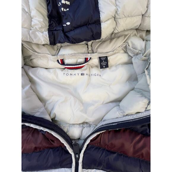 Tommy Hilfiger Mens Large Puffer Jacket White Navy Hooded Spellout Winter Coat - Picture 6 of 11